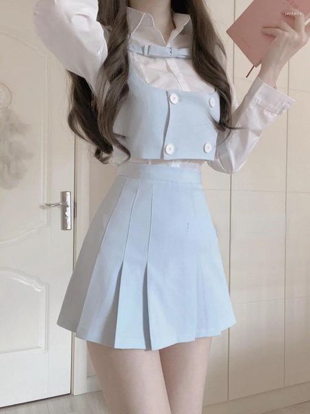 Calças de duas peças femininas inverno kawaii 3 terno de saia Mulheres sexy coreano moda elegante mini conjunto feminino casual y2k chic japão 2024