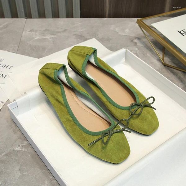 Designer de marca casual Bowtie Ballet Flats Mulheres quadradas de dedão verde Camurna de couro Saudável Bottom macio dobrável