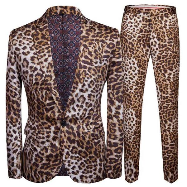 Ternos masculinos Blazers 2023 Moda Moda Boutique Casual Boutique Leopardo Impressão de Nightclub Sone Sone Jaqueta / masculino Duas peças Blazers Casas Conjunto de calças