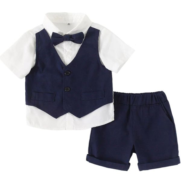 Shorts Summer Kids Boys Abbigliamento Gentleman Set di due camicie cortometraggi + gilet + pantaloncini 3 pezzi per bambini
