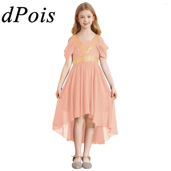 Stage Wear Kids Girls Liginas Vestido de festa Faculdade Pleated Alto-Low Chiffon vestido de baile adolescentes