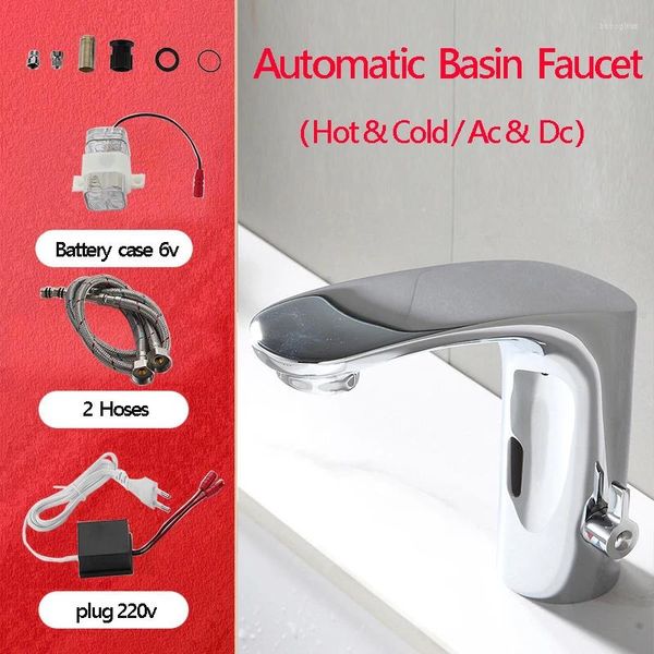 Banyo lavabo muslukları otomatik akıllı havza muslukları musluk gövdesi tam pirinç bakır fırçalanmış krom mikser suyu soğuk AC 220 V ve pil