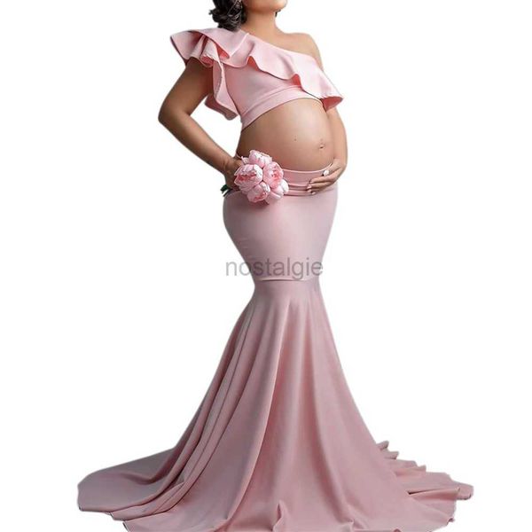 Maternidade Vestidos de maternidade Hot Mermaid Skirt Skirt para fotografia One ombro Ruffles Crop Crop Top Gravidez Fotografia Props Salia de trompete 24412