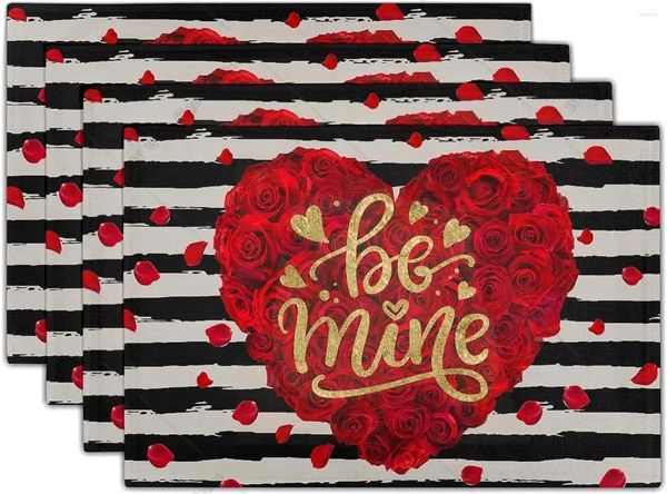 Tischmatten Valentinstag Tischematen Set von 4 Be Mine Rose Love Heart Leinen Dining Hitzeresistente Dekorationen 12x18 Zoll