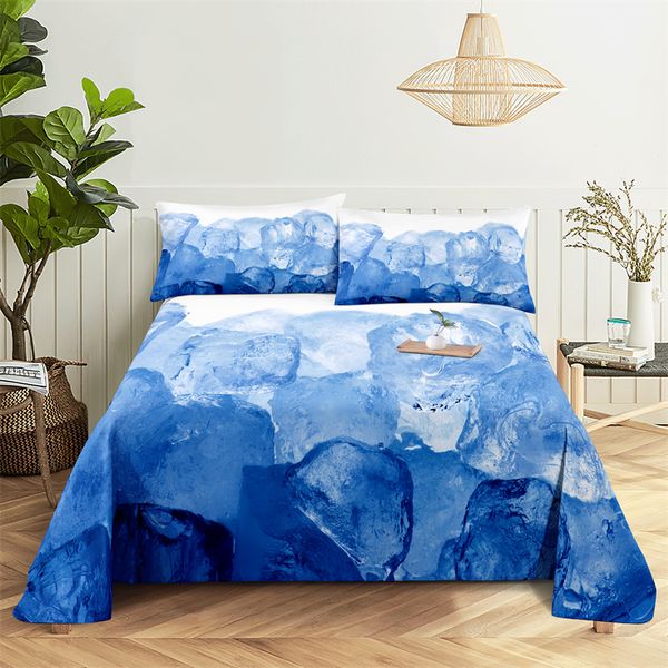 Blaue Eiswürfel 0,9/1,2/1,5/1,8/2,0 m Bettwäsche -Set -Blätter Set Luxus Polyester Bett flaches Blechbettblätter und Kissenbezüge