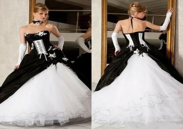 Vintage viktorianische schwarz -weiße Ballkleid plus Größe Gothic Hochzeitskleid Brautkleider Rückenfreier Korsett Sweep Zug Satin Formal D7741298