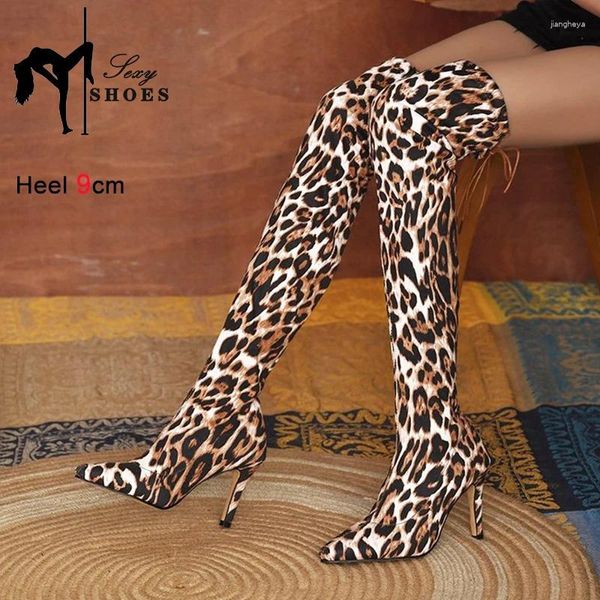 Stivali Stampa leopardo di moda sopra il nightclub ginocchiere scarpe da donna puntate di punta di piedi autunno inverno alto sm con tacchi a stiletto fetish