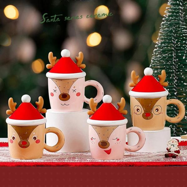 Canecas de natal elk copo de cerâmica alta beleza de mão de mão caneca fofa colher criativa com tampa