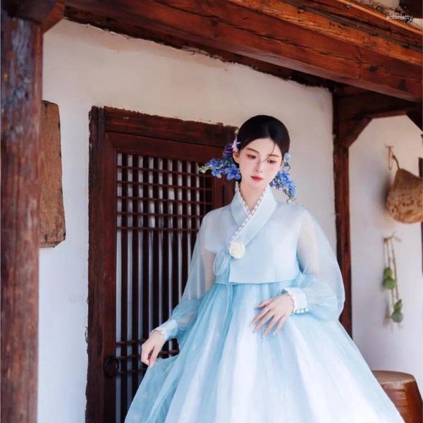Этническая одежда Ханбок Янджи Корейский женский ежедневное платье синий стиль