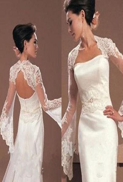 Billige Vintage Braut Bolero Jacke Schal weiß Elfenbein Trompete Langarm Spitze Applikationen Illusion Open Rücken formelle Brautpapier PL1893455