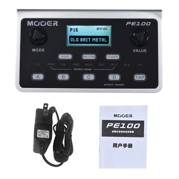 Kabel Mooer PE100 Guitar Effect Pedal Multieffects -Prozessoren E -Gitarrenpedal Metronome Desktop + US -Adapter -LCD -Display