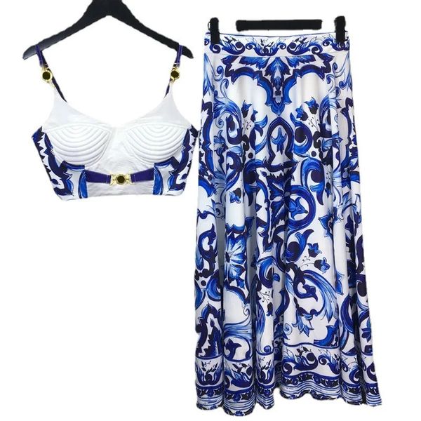 Banulin Bohemain Blue e Branco Porcelana 2 Peças Conjunto de Mulheres Spaghetti Strap Button Gold Tank Camis Tops Print Long Skirt Suit 240403