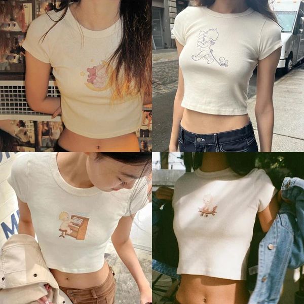 Camisetas femininas Angel Baby Graphic Slim T-shirts Mulheres Vintage Summer o pescoço de manga curta algodão