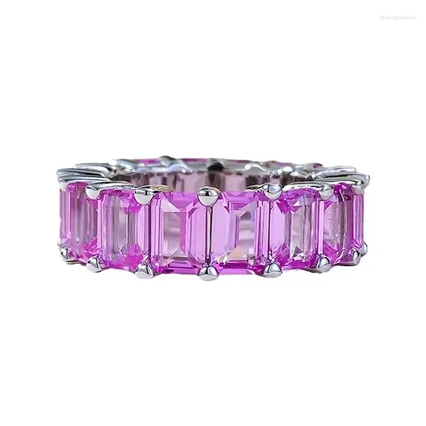 Anelli a grappolo S925 Silver Ring 4 6 Rectangular Cherry Blossom Pink Diamond Female European and American Instagram Full