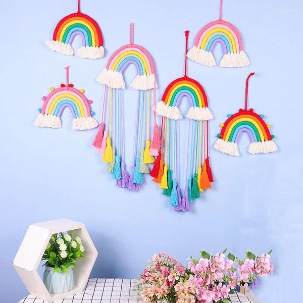 Estatuetas decorativas 2024Rainbow Macrame parede pendurado para meninas Taquestry berçário Kawaii Baby Room Decor