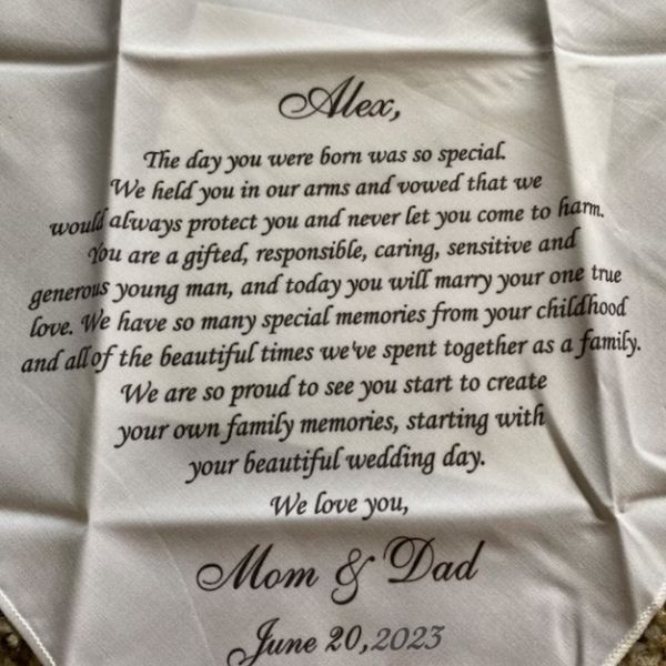 Presente de desejos de casamento personalizado de mamãe e pai, Hankerchief de casamento dos pais do noivo, Wedding Wishes Hankie para Sons