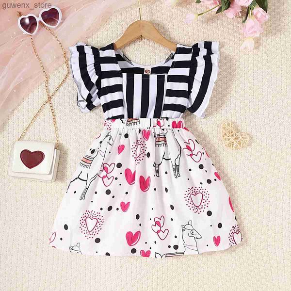 Roupas conjuntos de crianças garotas de vestido diário algodão listra curta desenho animado hemline verão roupas casuais moda para crianças menina 1-6 anos y240412