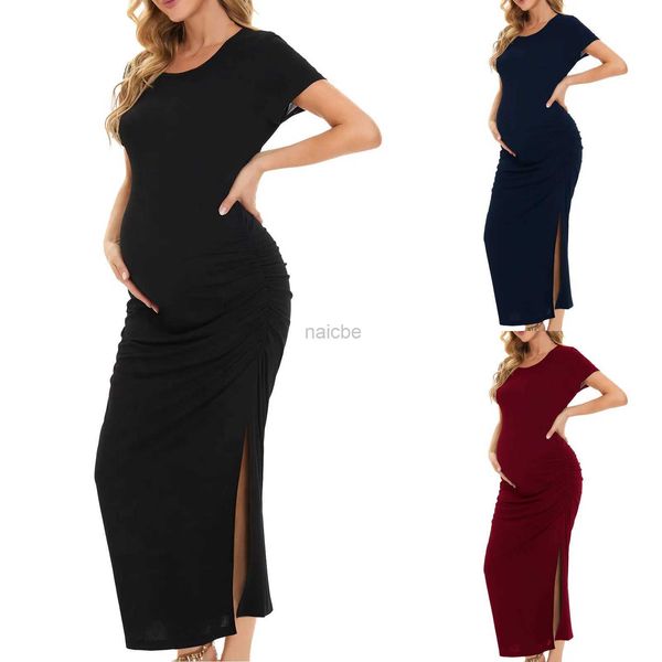 Maternidade Vestidos de verão Moda de verão Vestido de maternidade Longo Vestido casual de manga curta Rouca de cor de coloração sólida Roupa de maternidade femme 240412