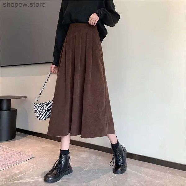 Saias de outono Winter Womens Corduroy Midi saias vintage marrom preto cintura alta sai saias femininas saia longa feminina