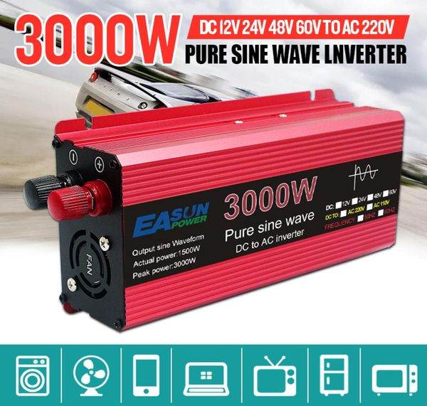 Inversor de onda senoidal pura 3000W 2200W 1600W 1000W Tensão DC 12V 24V a CA 110V 220V Converter Solar Inverter22215234