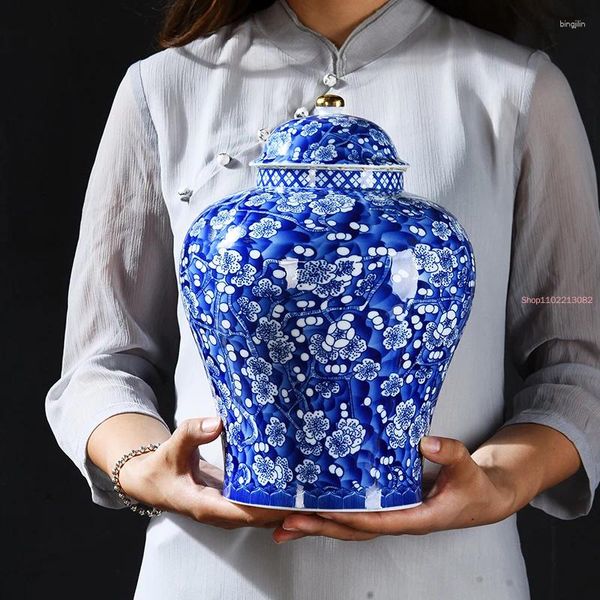 Vazolar Yaratıcı Mavi ve Beyaz Porselen Çay Caddy Büyük Şeker Kurutulmuş Meyve Mühürlü Depolama Kavanoz Erik Çiçeği Genel Ev Dekorasyonu