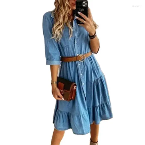 Lässige Kleider Herbst Herbst Dünne Langarm Frauen Denim Kleider Revers Einbrenner Strickjacken weiblicher Kleid Multi-Layer-Spleißen Saum