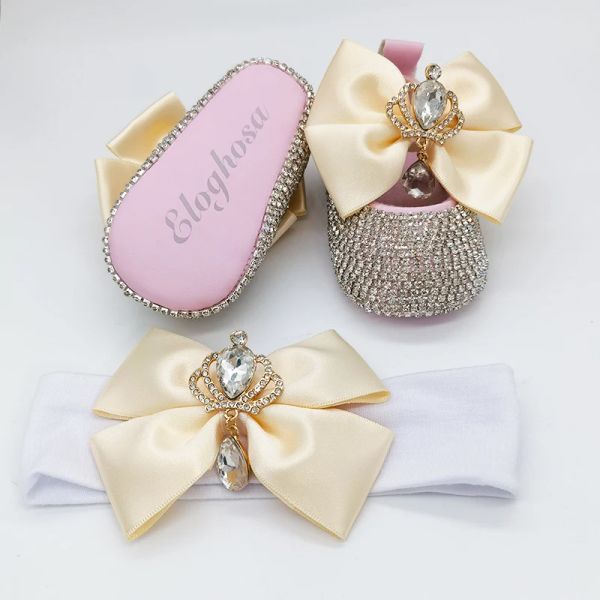Кроссовки Dollbling роскошные украшения корона Baby Girl 01 год Bella Crib Shoes с подходящим набором повязки