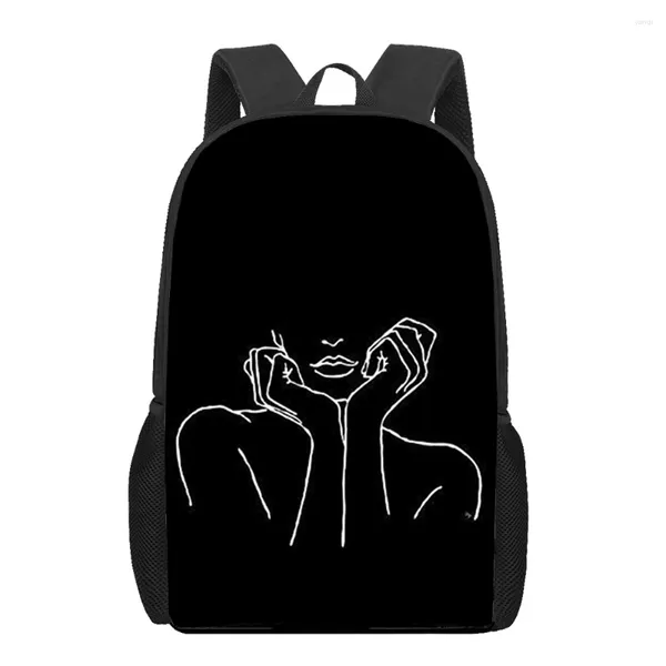Okul çantaları siyah beyaz sanat çizgileri kız baskılı yaratıcı öğrenciler kitap çanta genç çocuk kızlar erkekler rahat omuz sırt çantası seyahat sırt çantası