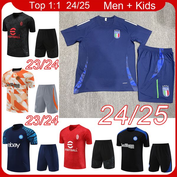 ITALYS AC Inter Mens Pre-Match-Trikots Kinder Fußball Kits 2024 Naples Milan Männer Training Trikot 23 24 25 Jungen Fußball-Tracksuit-Shirt Kit 2025 Camiseta Maillot Maglia