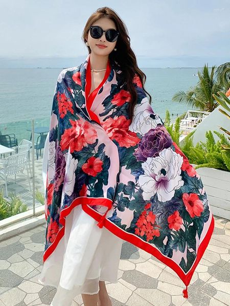 Schals Sommer Reiseurlaub elegante Frauen Seidenschal Blumendruck Sarong Beach Wrap Schal Lady Sonnencreme Bandana Hijab Scarve Pareo