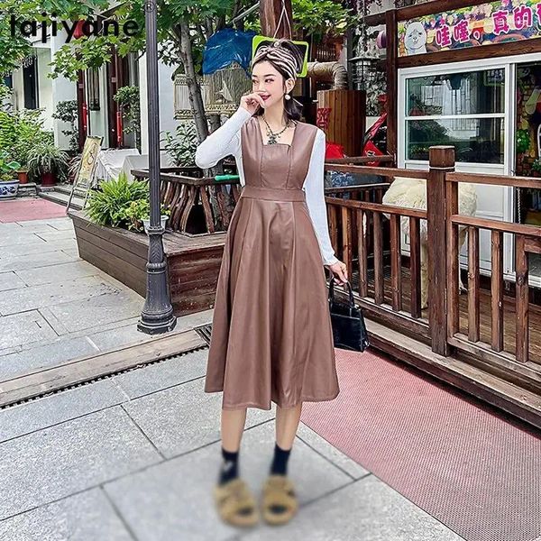 Повседневные платья Таджияне искренние кожаные платья с овсяной кожей женщины элегантные для 2024 года винтажные плиссированные корейские везидос де Мухер