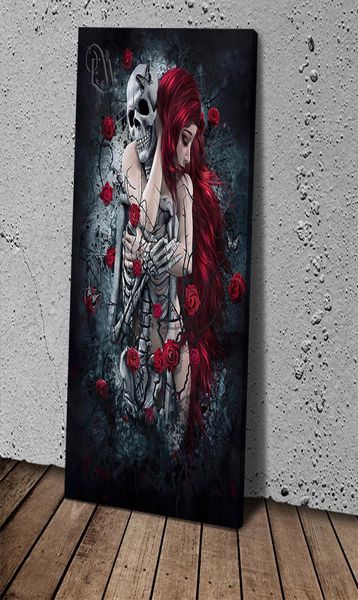 Leinwand Print Wandkunst Gemälde Kunst Bild Gothic Red Haired Frau mit Schädel Skelett für Wohnzimmer Wohnheimdekor5834510