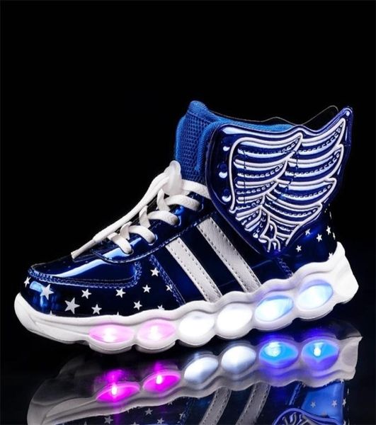 крылья USB -светодиодные обувь детская обувь девочки мальчики освещают светящиеся кроссовки светящиеся освещенные освещенные освещения 2011127450258