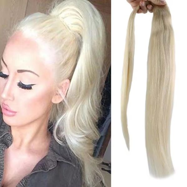 Lange Pferdeschwanzverlängerung Reales Haar 60 Platinblondes Haarverlängerungen weicher simy gerade Clip auf Wrap um Pferdeschwanz menschliches Haar Ein Stück Haarstück für Frauen 120g