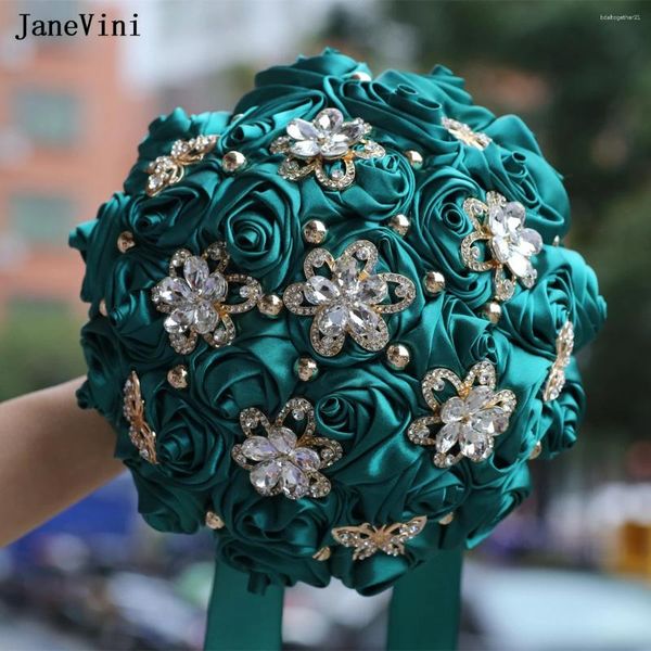 Fiori del matrimonio Janevini Luxury Gold Crystals Bridal Spettame per bouquet rose di raso artificiale Accessori per bouquet per sposa verde scuro
