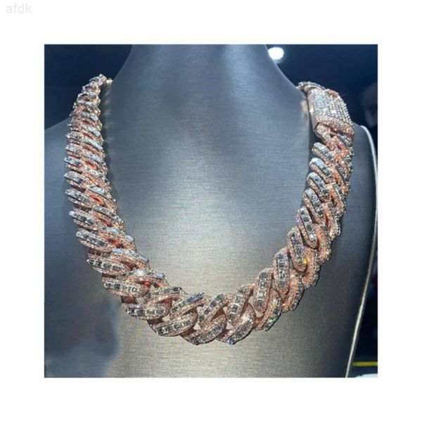 Baguete de 20mm Miami Chain Link Chain VVs Moissanite Diamond Stubbed 925 Sterling Silver Rose Gold Bated 18-24