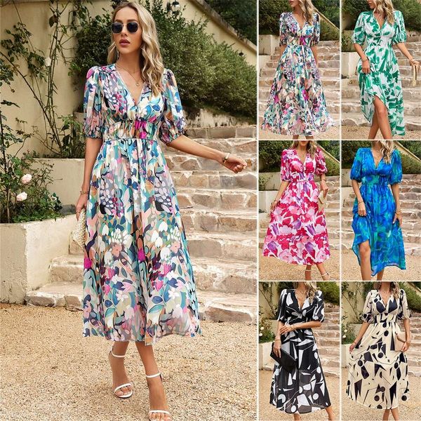 2024 Tasarımcı Kadınlar İçin Yaz Elbisesi Giyim Bel Sarılı V Yağlı Çiçek Baskılı Orta Kalf Uzun Yumuşak Gezgin Elbiseler
