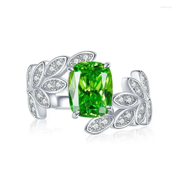 Cluster Rings S925 Серебряное кольцо зеленое бриллиантовое листья маленькие и свежие набор с уникальным углеродом уникальным дизайном для женщин