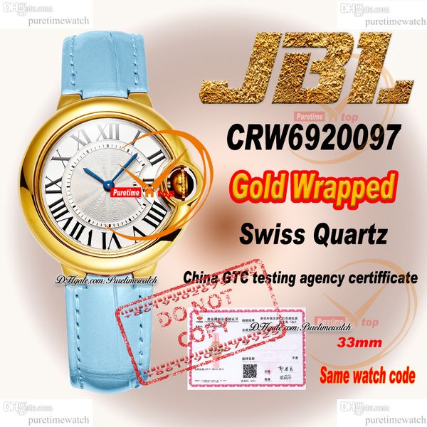 CRW6920097 Swiss Quartz Women Watch JBLF 33 Обернутые 18 -километровые золотые корпус Серебряный черный римский циферблат Blue Croc Strap