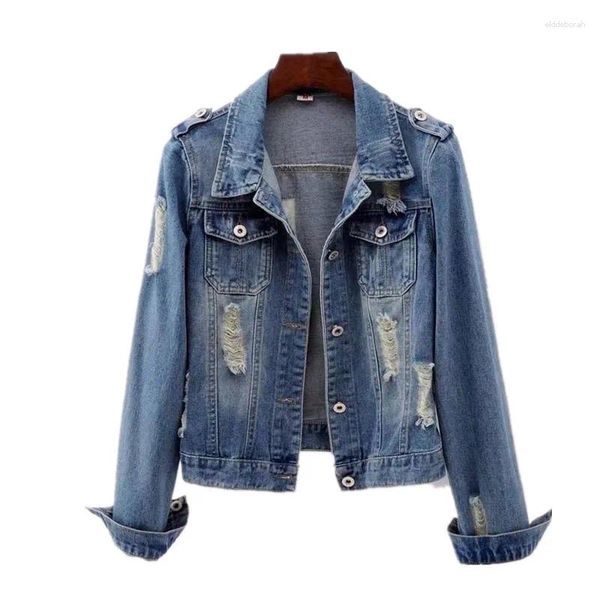 Damenjacken Vintage Denim Mantel Frau Frühling Herbst 2024 Korean Fashion Short Hole Jeans Jacke Frauen Lose Cowboy Oberbekleidung B240