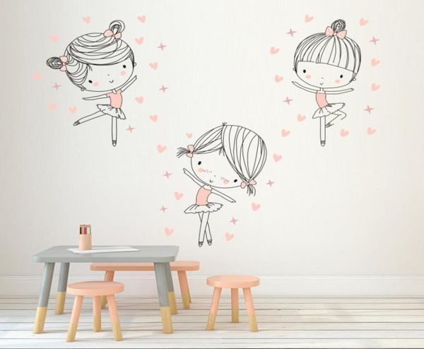 3pcs/conjunto Balé fofo garotas dançando adesivos de parede de parede de desenhos animados Decalque de parede de parede para crianças Decoração de casa do quarto JH2017 Y2001032701103