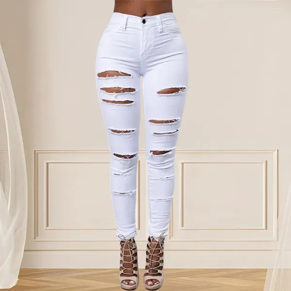 Calça feminina feminina algodão mistura calça de cor sólida casual para elegância rasgada com uma cintura alta magra