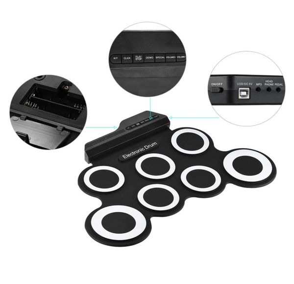 Tambor eletrônico portátil Digital USB 7 Pads Roll Drum Set Silicone Electric Pillow Kit com baquetas de batas Pedal1737713