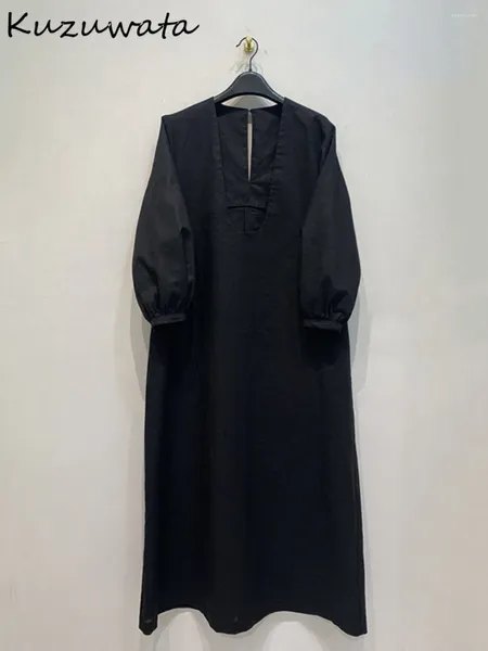 Sıradan Elbiseler Kuzuwata U Boyun Basit orta uzunlukta fener kollu bornoz gevşek streç bel katı vestidos Japonya Moda Profil