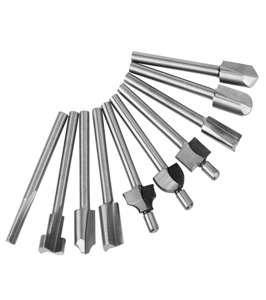 10pcslot 18 mini shank hss marangoz yönlendirici bitleri fit dremel döner araçlar ahşap yönlendirici bitleri freze kesici 5308928