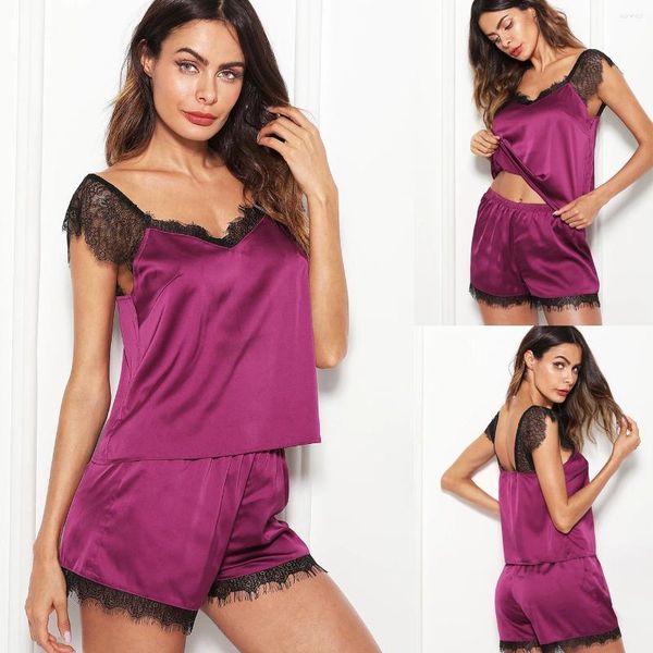 Heimkleidung Sommer Frauen Satin Seidenspitzen Nachtwäsche Shorts Purple Pyjama Set Set