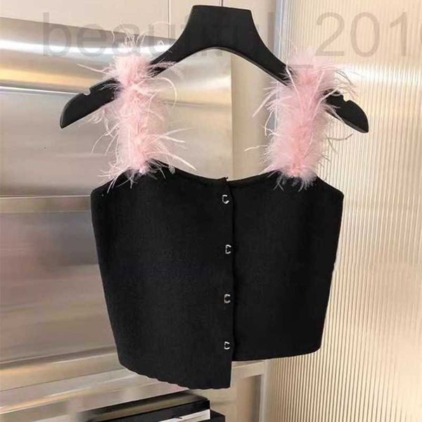 Giacche da donna Designer Black Feather Button Spet camisole a maglia per le donne da indossare all'interno e all'esterno, sexy ragazza piccante sottile, bellissima schiena, top senza spalline wr