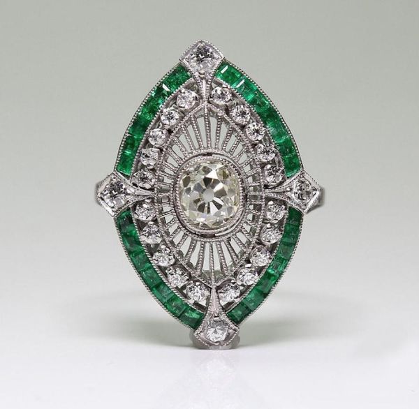 Antique Art Deco 925 Sterling Silver Emerald White Sapphire Floral Engagement Party Ring Dimensione Anniversario Giornata US 5 122996222