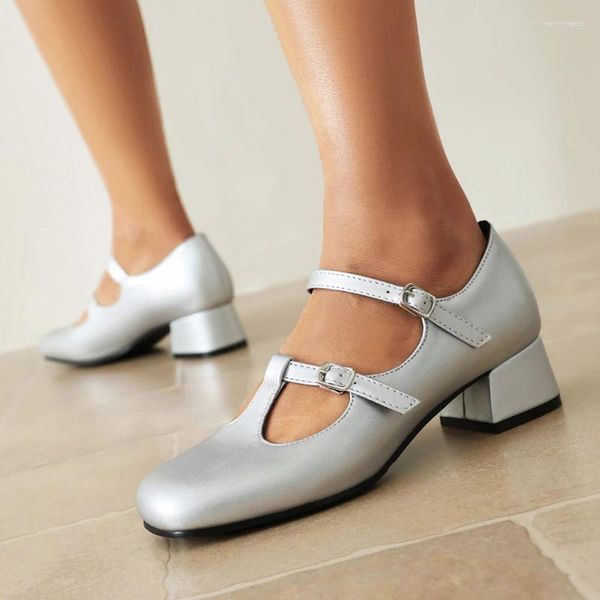 Scarpe eleganti pompe femminile primavera di punta quadrata con tacchi a medio fibbie da 4 cm a tracolla a pianta 41 41 42 43 tempo libero Mary Janes Silver