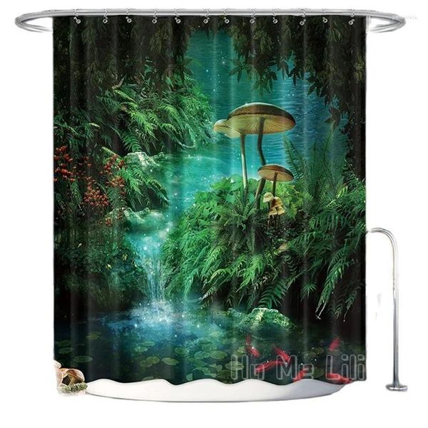 Cortinas de chuveiro cortina de cogumelos de fantasia por ho me lili fada florestas árvore gótica jungle jungle verde zen rio rio triprinho decoração de banheiro